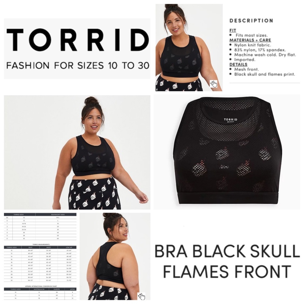 Torrid 0 Active wear black skull flames sports bra NWT